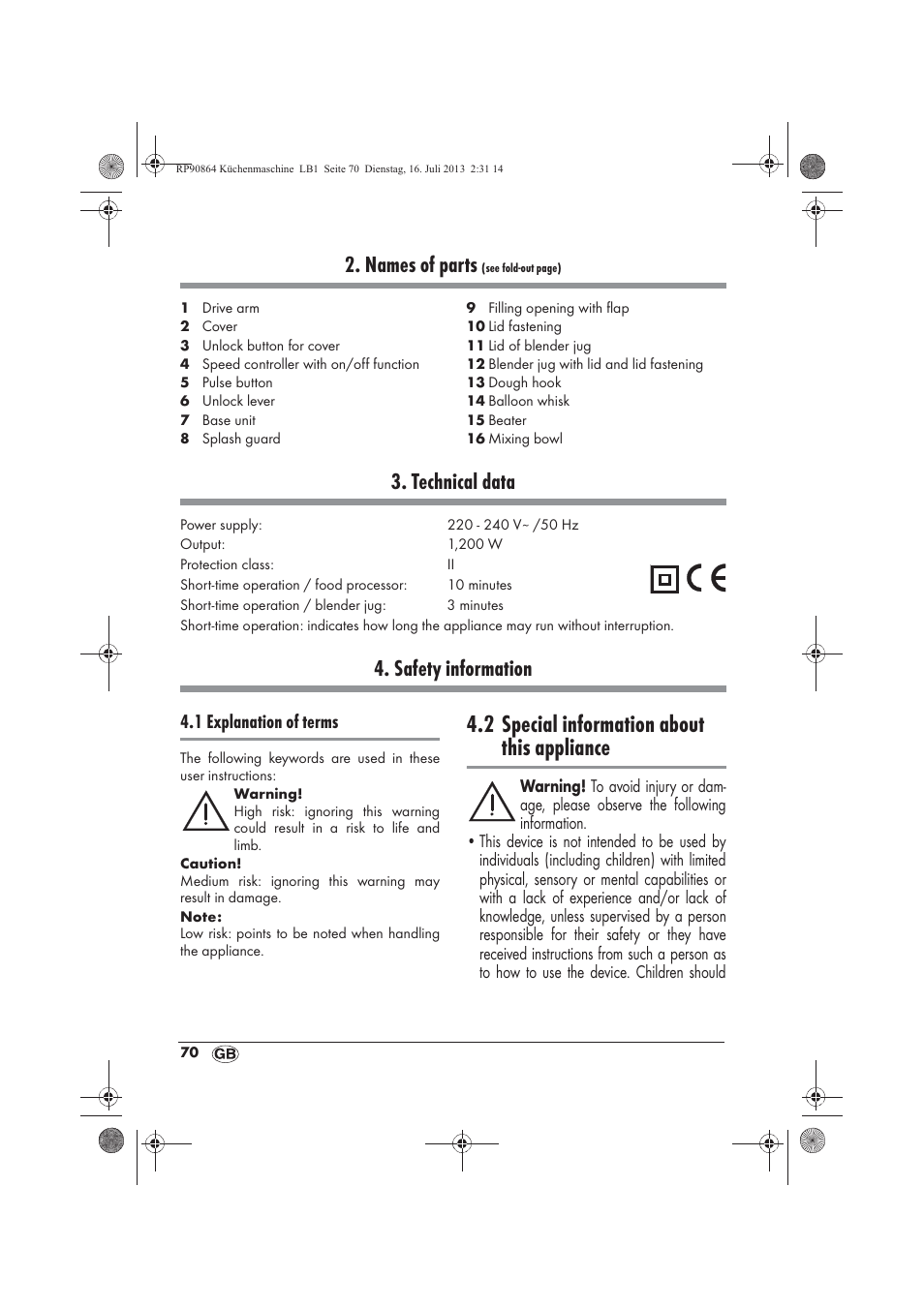 2 special information about this appliance, Names of parts, Technical data | Safety information | Silvercrest SKMP 1200 A1 User Manual | Page 72 / 86