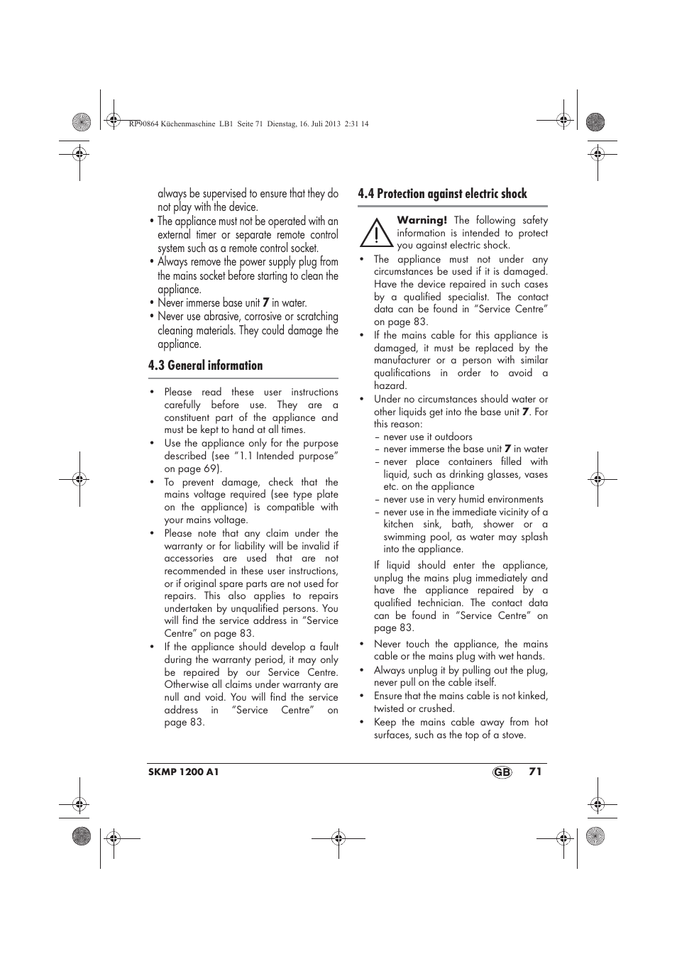 3 general information, 4 protection against electric shock | Silvercrest SKMP 1200 A1 User Manual | Page 73 / 86