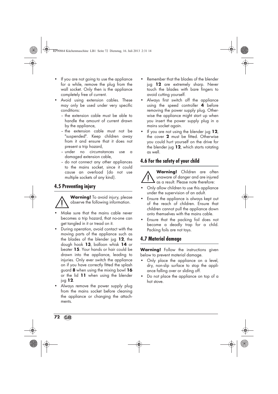 5 preventing injury, 6 for the safety of your child, 7 material damage | Silvercrest SKMP 1200 A1 User Manual | Page 74 / 86