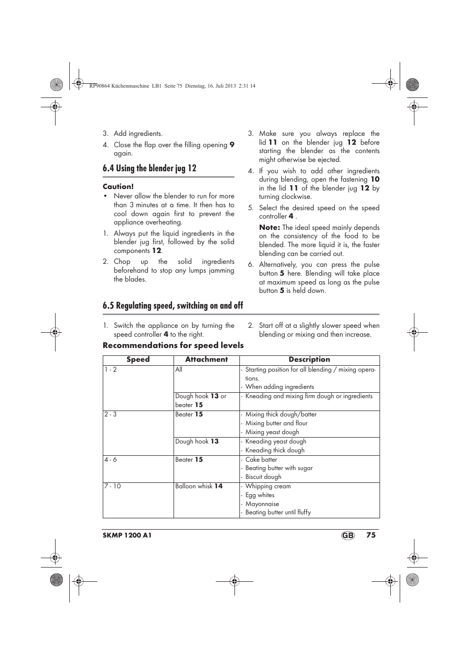 4 using the blender jug 12, 5 regulating speed, switching on and off | Silvercrest SKMP 1200 A1 User Manual | Page 77 / 86