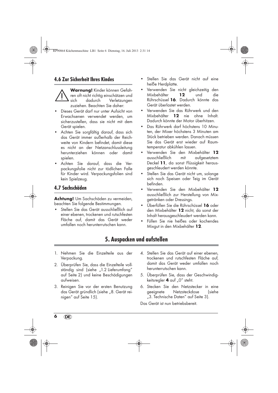 Auspacken und aufstellen, 6 zur sicherheit ihres kindes, 7 sachschäden | Silvercrest SKMP 1200 A1 User Manual | Page 8 / 86