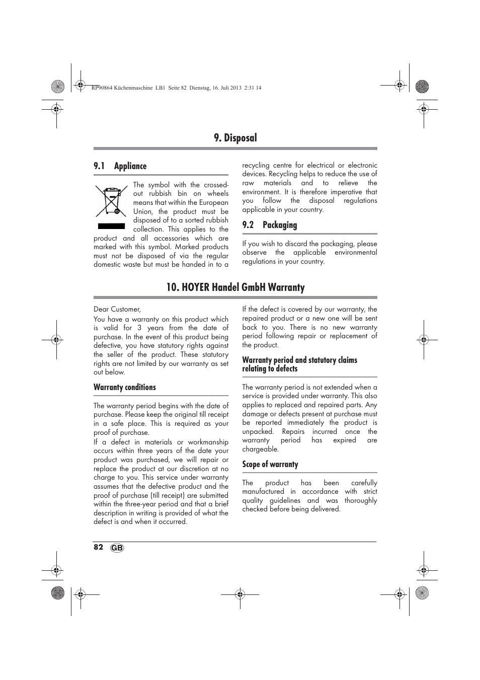 Disposal, Hoyer handel gmbh warranty | Silvercrest SKMP 1200 A1 User Manual | Page 84 / 86