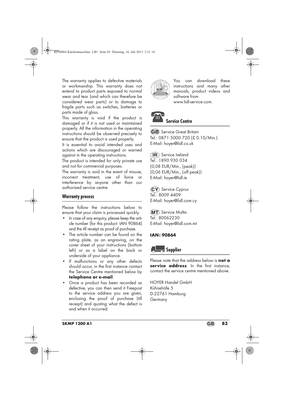 Warranty process, Service centre, Supplier | Silvercrest SKMP 1200 A1 User Manual | Page 85 / 86