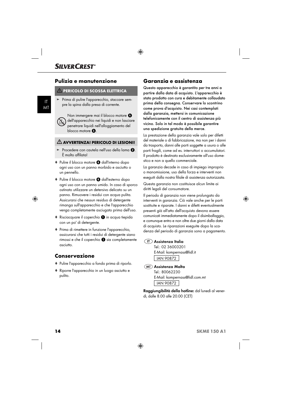Pulizia e manutenzione, Conservazione, Garanzia e assistenza | Silvercrest SKME 150 A1 User Manual | Page 17 / 43