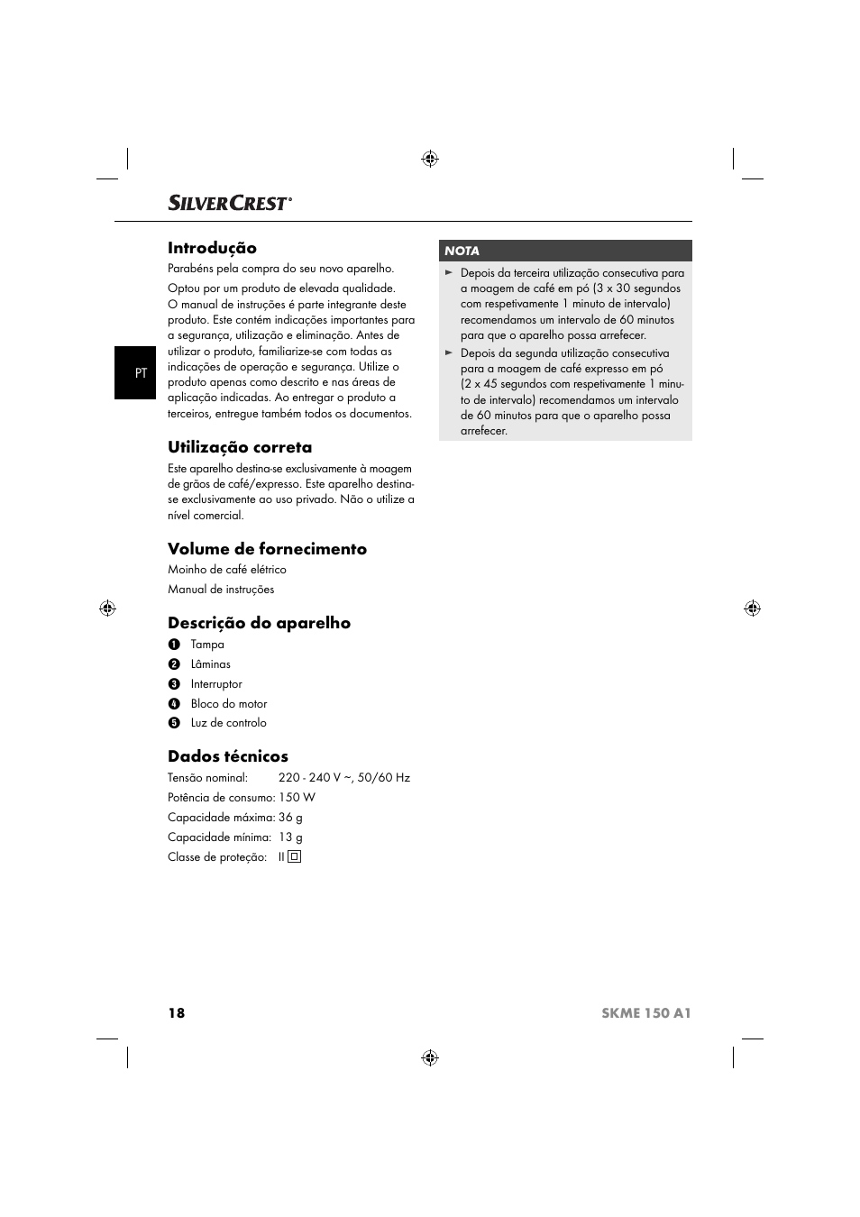 Introdução, Utilização correta, Volume de fornecimento | Descrição do aparelho, Dados técnicos | Silvercrest SKME 150 A1 User Manual | Page 21 / 43