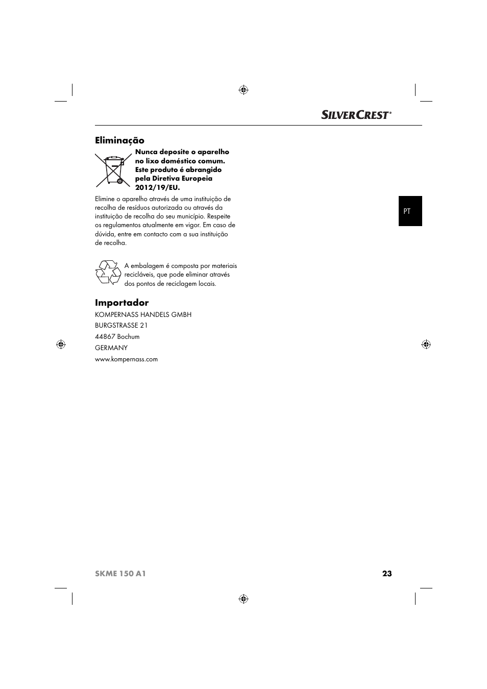 Eliminação, Importador | Silvercrest SKME 150 A1 User Manual | Page 26 / 43