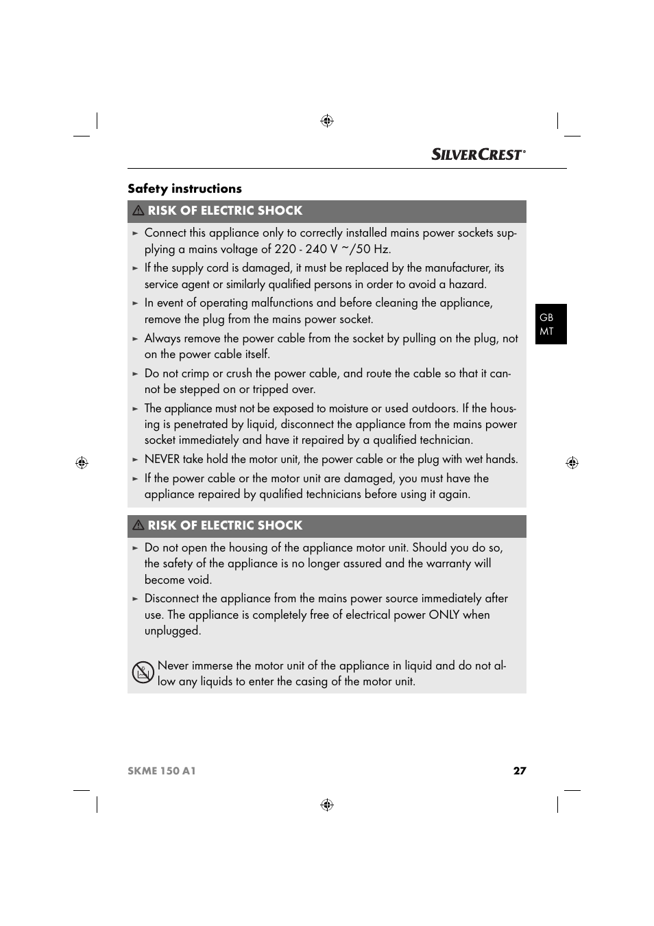 Safety instructions risk of electric shock | Silvercrest SKME 150 A1 User Manual | Page 30 / 43