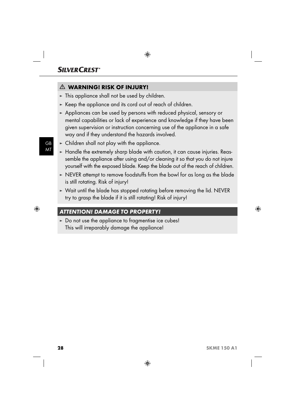 Warning! risk of injury, This appliance shall not be used by children, Children shall not play with the appliance | Silvercrest SKME 150 A1 User Manual | Page 31 / 43