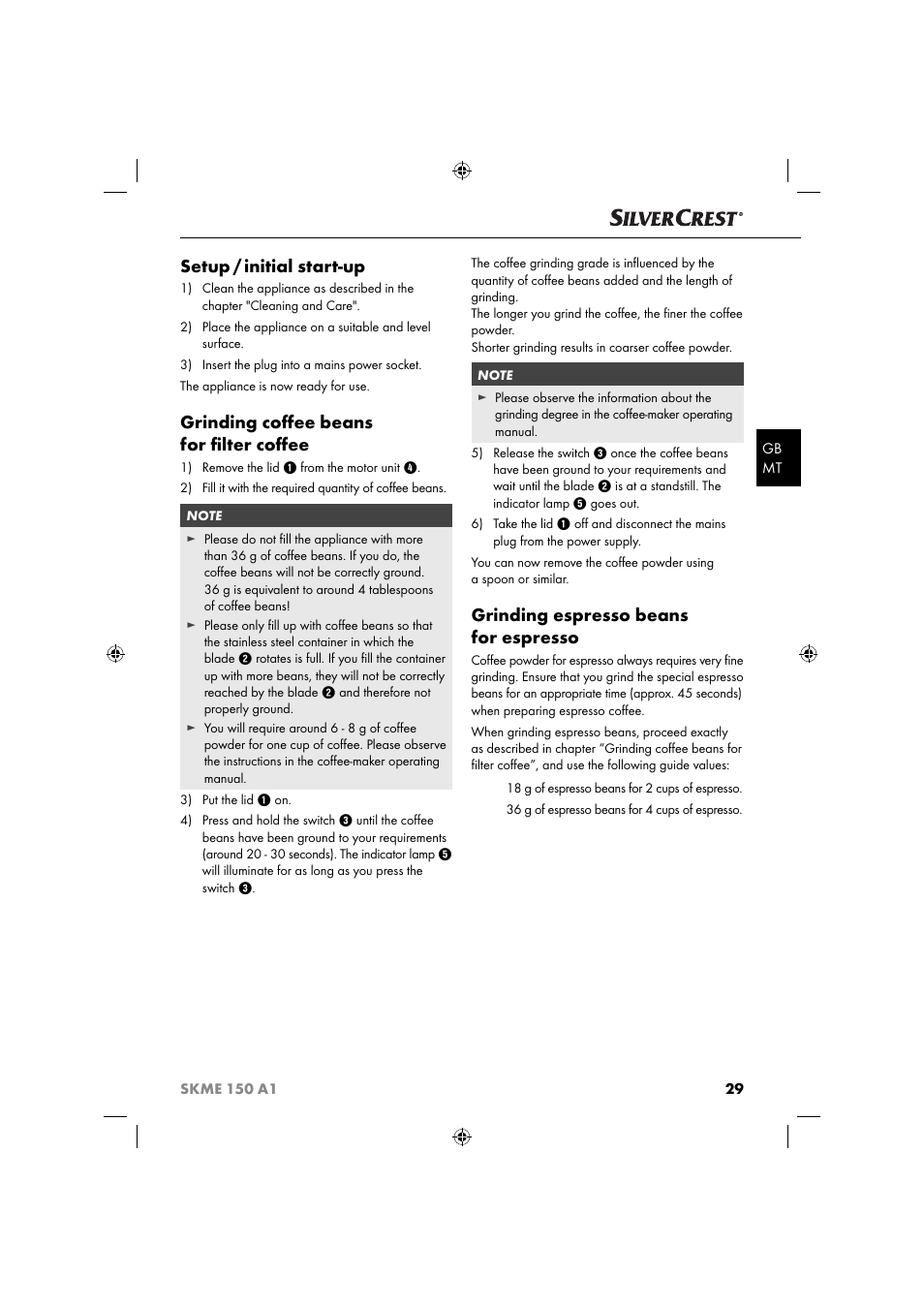 Setup / initial start-up, Grinding coﬀ ee beans for ﬁ lter coﬀ ee, Grinding espresso beans for espresso | Silvercrest SKME 150 A1 User Manual | Page 32 / 43