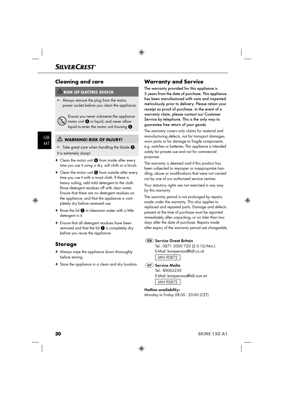 Cleaning and care, Storage, Warranty and service | Silvercrest SKME 150 A1 User Manual | Page 33 / 43