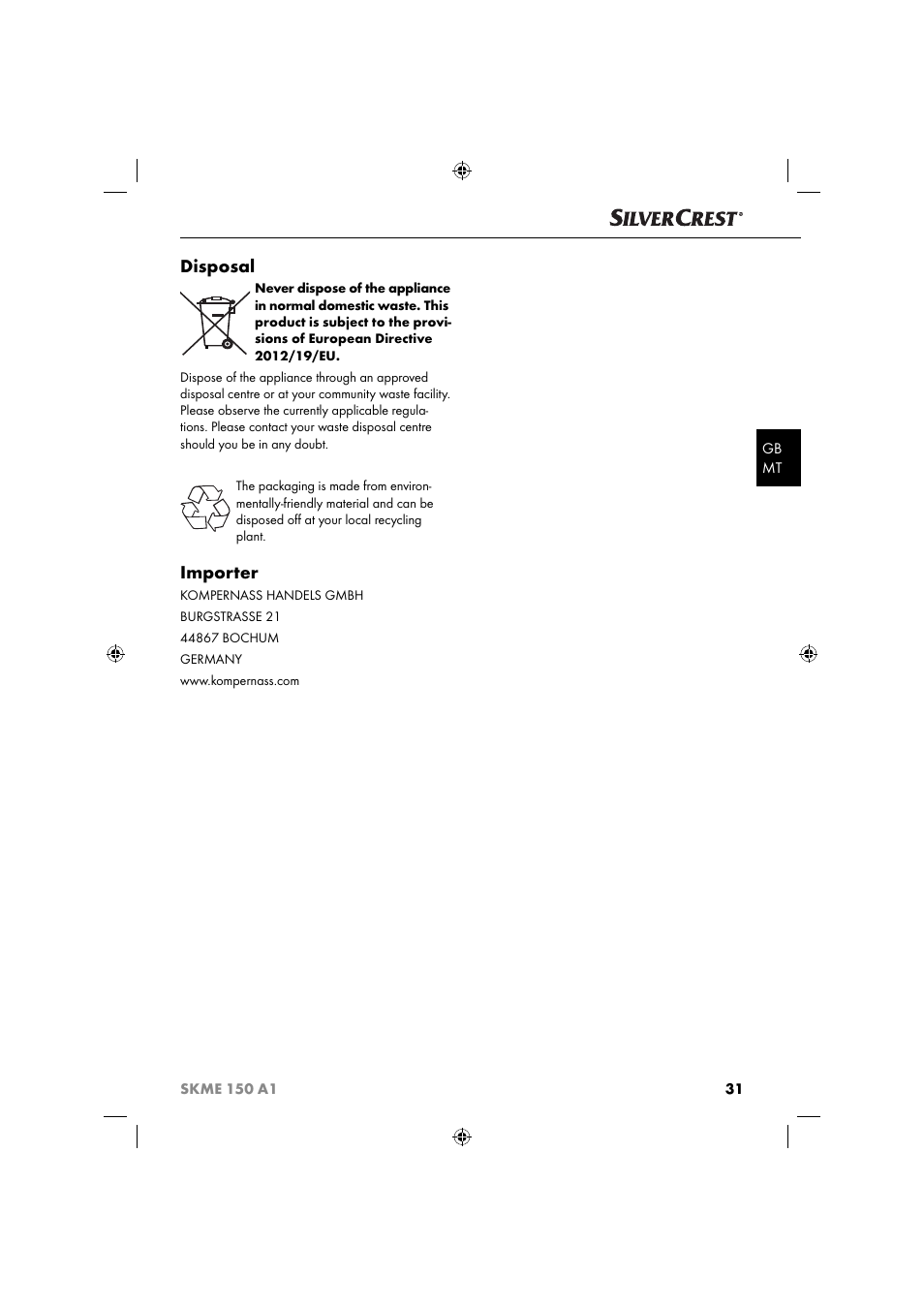 Disposal, Importer | Silvercrest SKME 150 A1 User Manual | Page 34 / 43