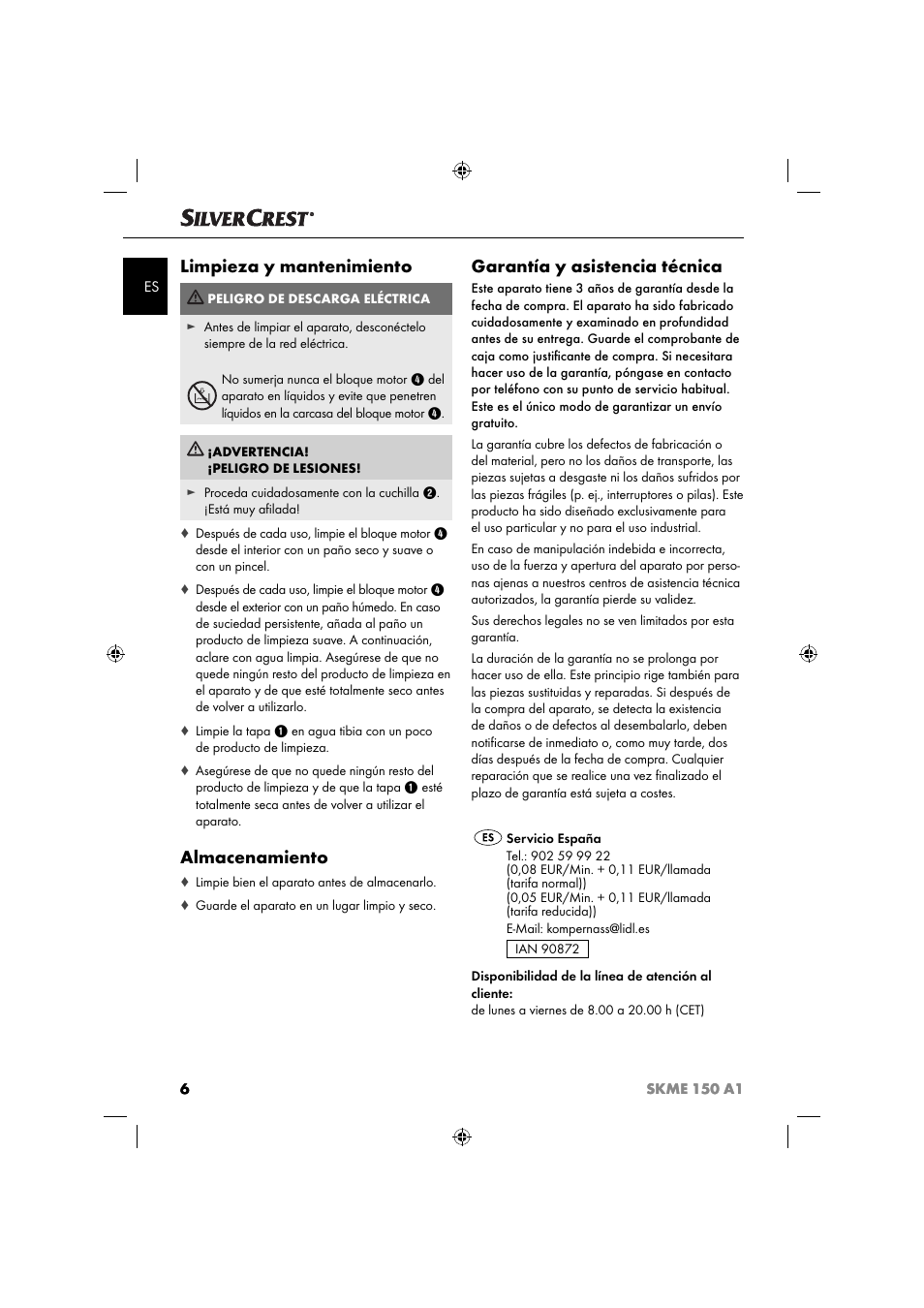 Limpieza y mantenimiento, Almacenamiento, Garantía y asistencia técnica | Silvercrest SKME 150 A1 User Manual | Page 9 / 43