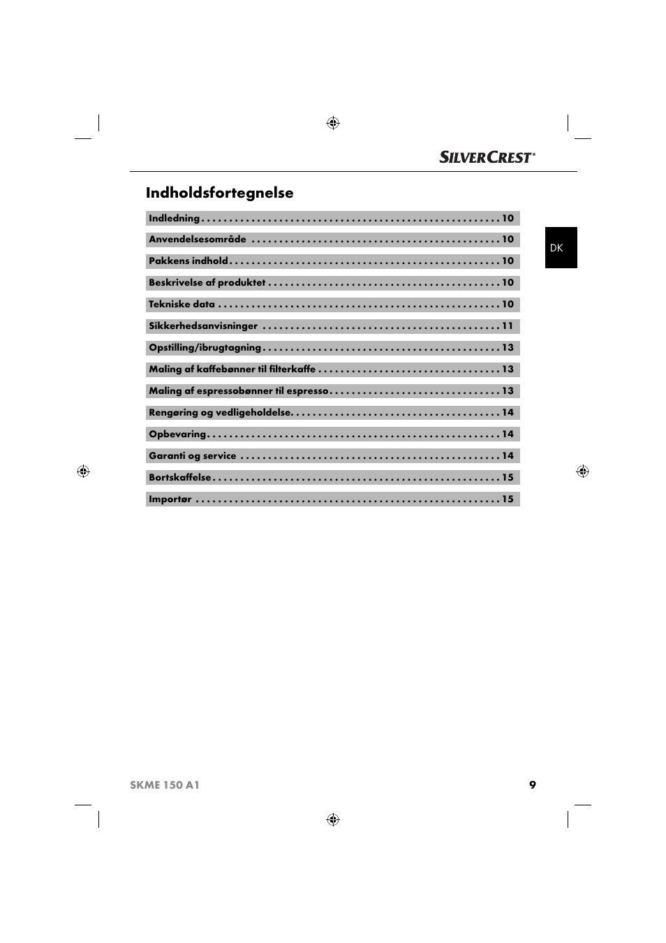 Indholdsfortegnelse | Silvercrest SKME 150 A1 User Manual | Page 12 / 43