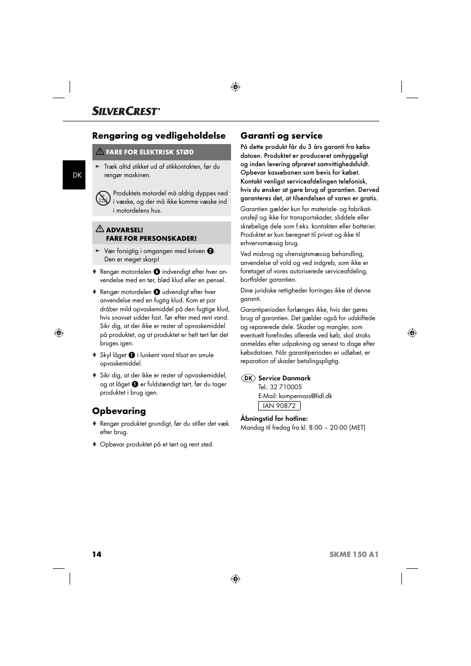 Rengøring og vedligeholdelse, Opbevaring, Garanti og service | Silvercrest SKME 150 A1 User Manual | Page 17 / 43