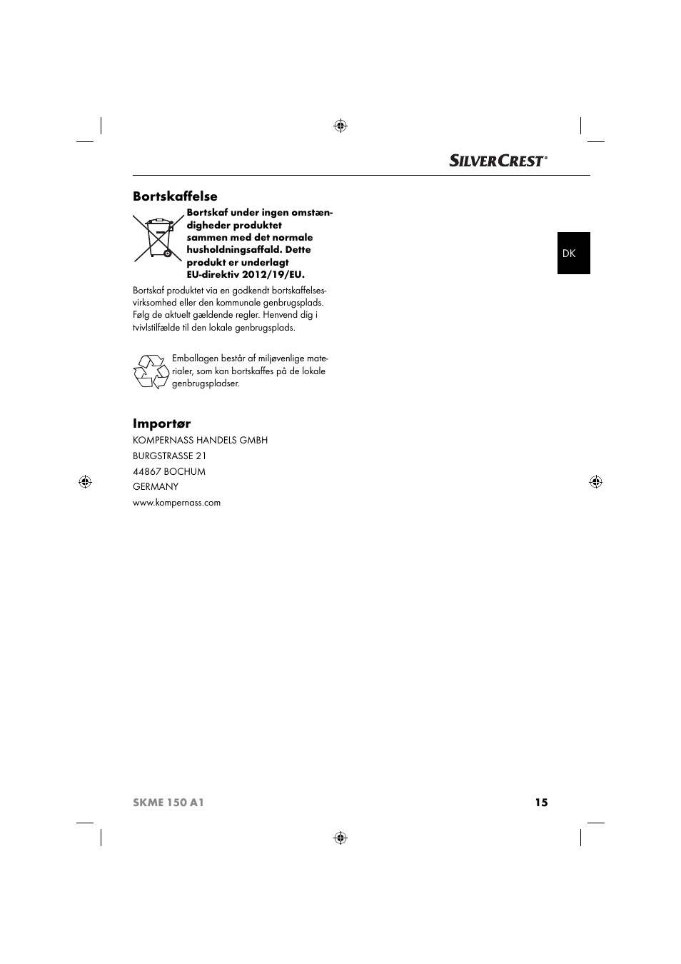 Bortskaﬀ else, Importør | Silvercrest SKME 150 A1 User Manual | Page 18 / 43