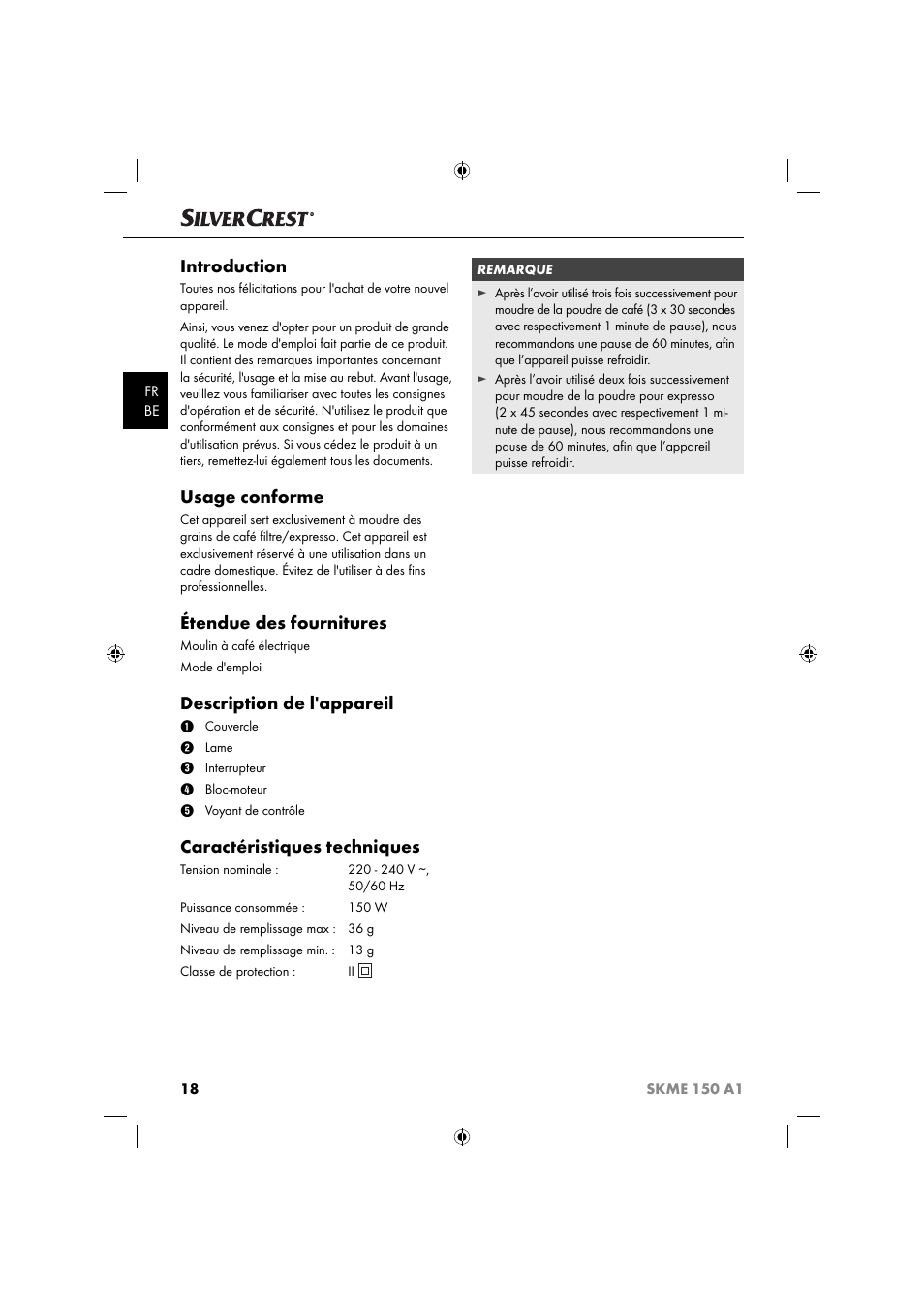 Introduction, Usage conforme, Étendue des fournitures | Description de l'appareil, Caractéristiques techniques | Silvercrest SKME 150 A1 User Manual | Page 21 / 43