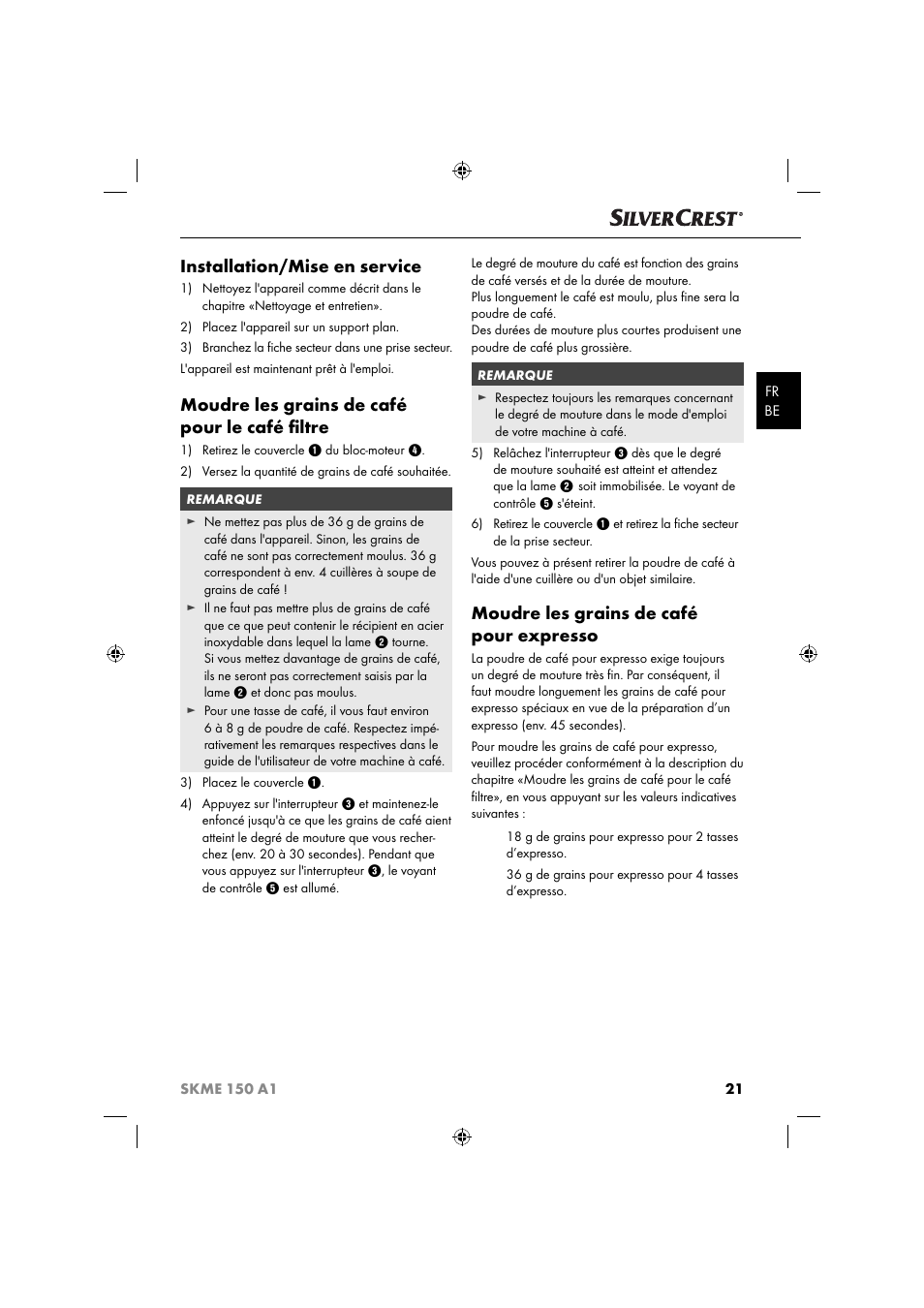 Installation/mise en service, Moudre les grains de café pour le café ﬁ ltre, Moudre les grains de café pour expresso | Silvercrest SKME 150 A1 User Manual | Page 24 / 43