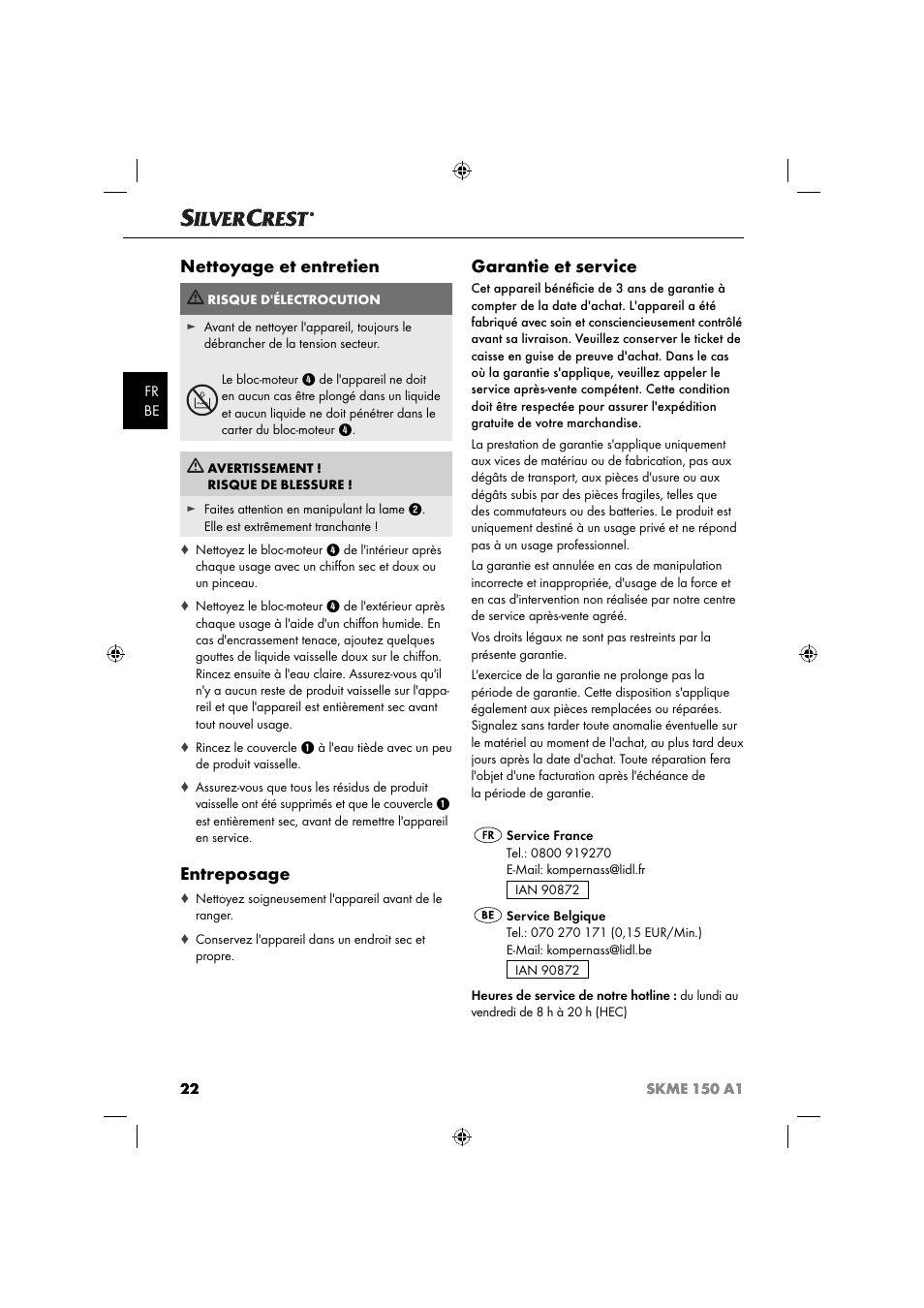 Nettoyage et entretien, Entreposage, Garantie et service | Silvercrest SKME 150 A1 User Manual | Page 25 / 43