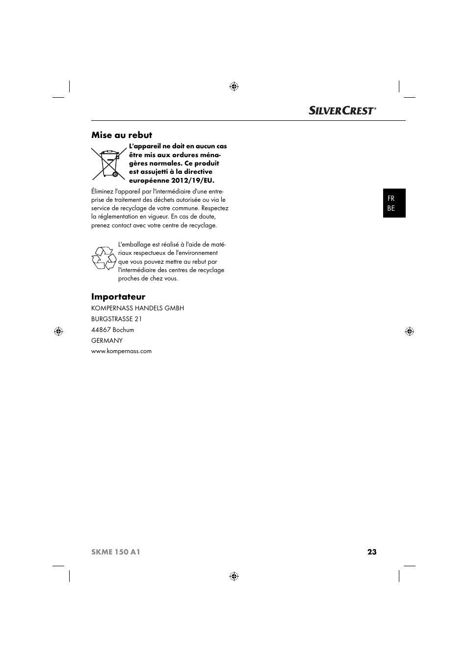 Mise au rebut, Importateur | Silvercrest SKME 150 A1 User Manual | Page 26 / 43