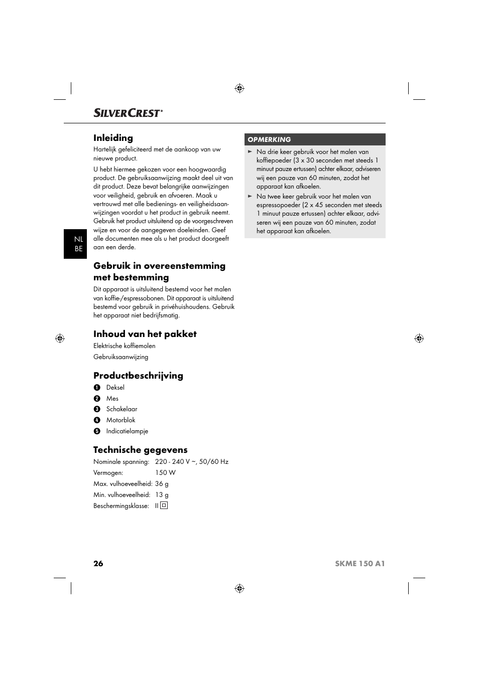 Inleiding, Gebruik in overeenstemming met bestemming, Inhoud van het pakket | Productbeschrijving, Technische gegevens | Silvercrest SKME 150 A1 User Manual | Page 29 / 43