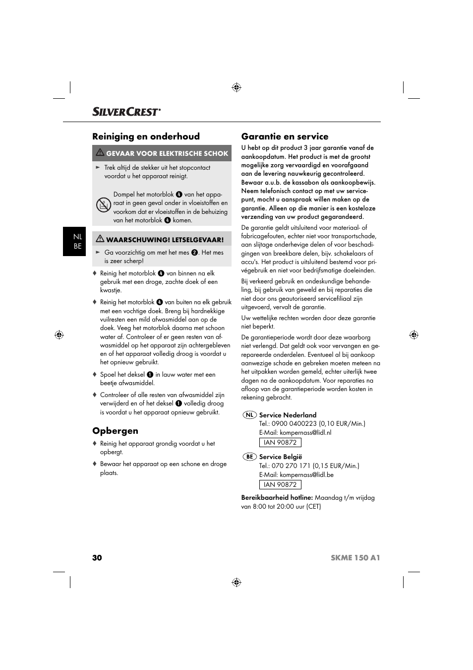 Reiniging en onderhoud, Opbergen, Garantie en service | Silvercrest SKME 150 A1 User Manual | Page 33 / 43