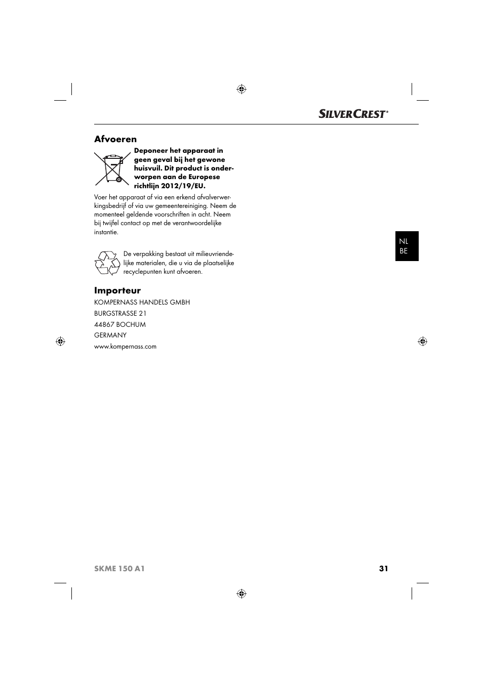 Afvoeren, Importeur | Silvercrest SKME 150 A1 User Manual | Page 34 / 43
