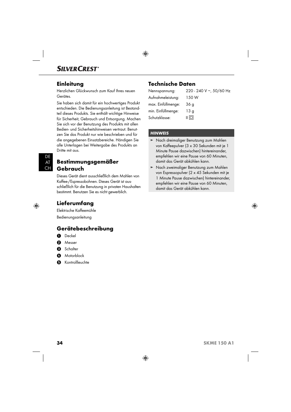 Einleitung, Bestimmungsgemäßer gebrauch, Lieferumfang | Gerätebeschreibung, Technische daten | Silvercrest SKME 150 A1 User Manual | Page 37 / 43