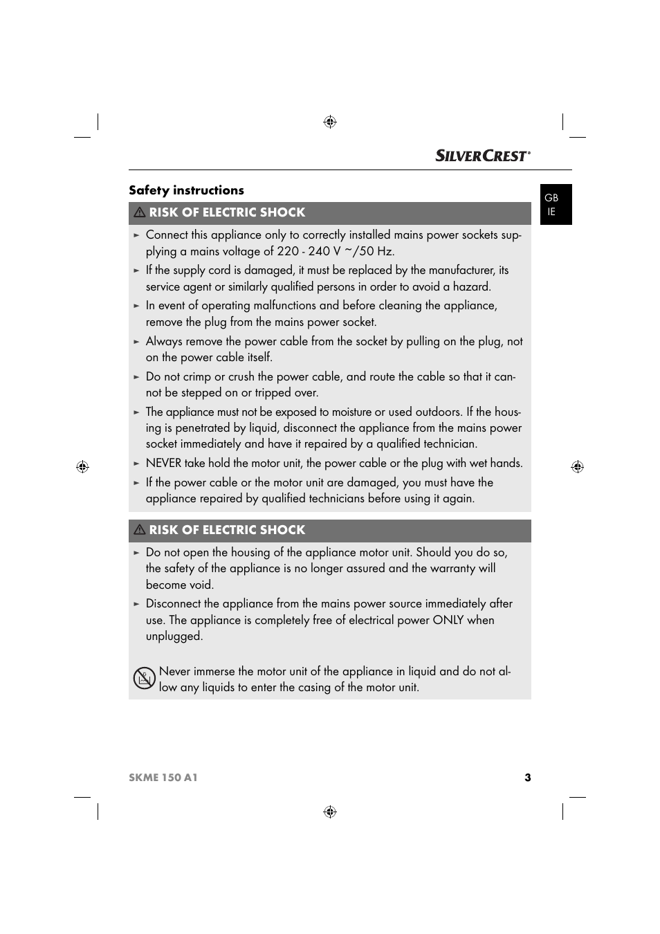 Safety instructions risk of electric shock | Silvercrest SKME 150 A1 User Manual | Page 6 / 43