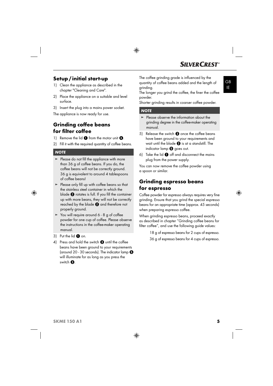 Setup / initial start-up, Grinding coﬀ ee beans for ﬁ lter coﬀ ee, Grinding espresso beans for espresso | Silvercrest SKME 150 A1 User Manual | Page 8 / 43