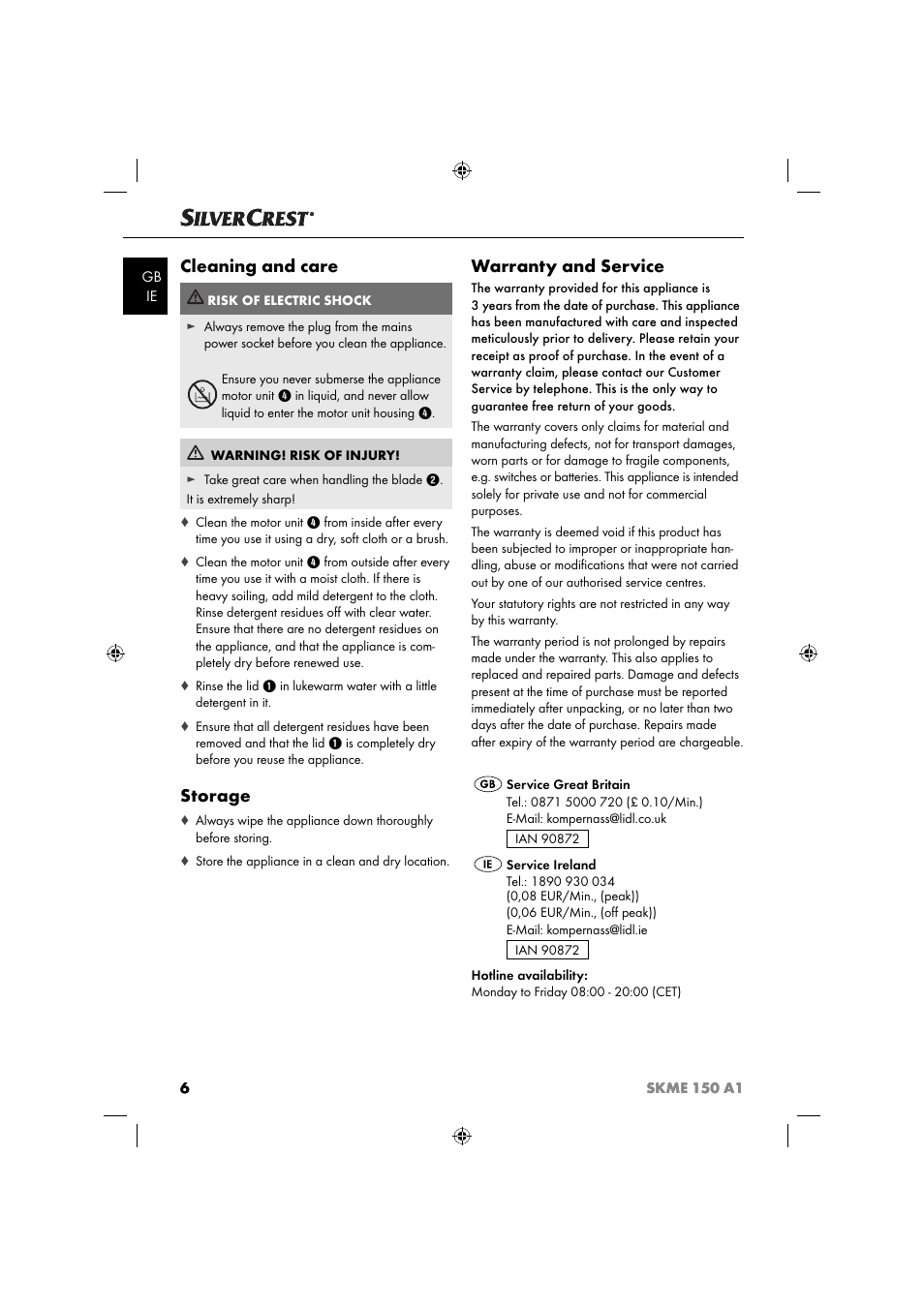 Cleaning and care, Storage, Warranty and service | Silvercrest SKME 150 A1 User Manual | Page 9 / 43