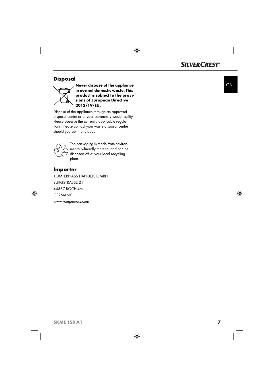 Disposal, Importer | Silvercrest SKME 150 A1 User Manual | Page 10 / 52