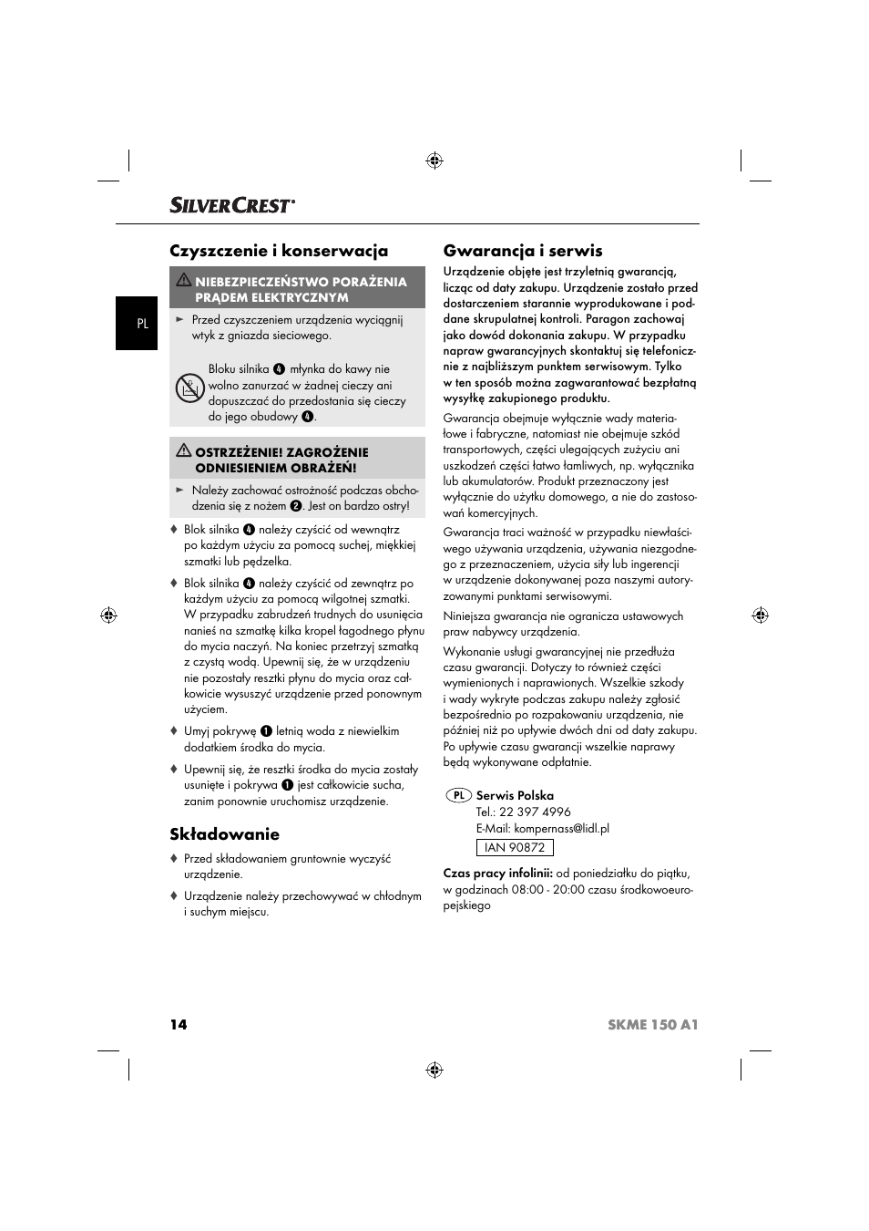 Czyszczenie i konserwacja, Składowanie, Gwarancja i serwis | Silvercrest SKME 150 A1 User Manual | Page 17 / 52