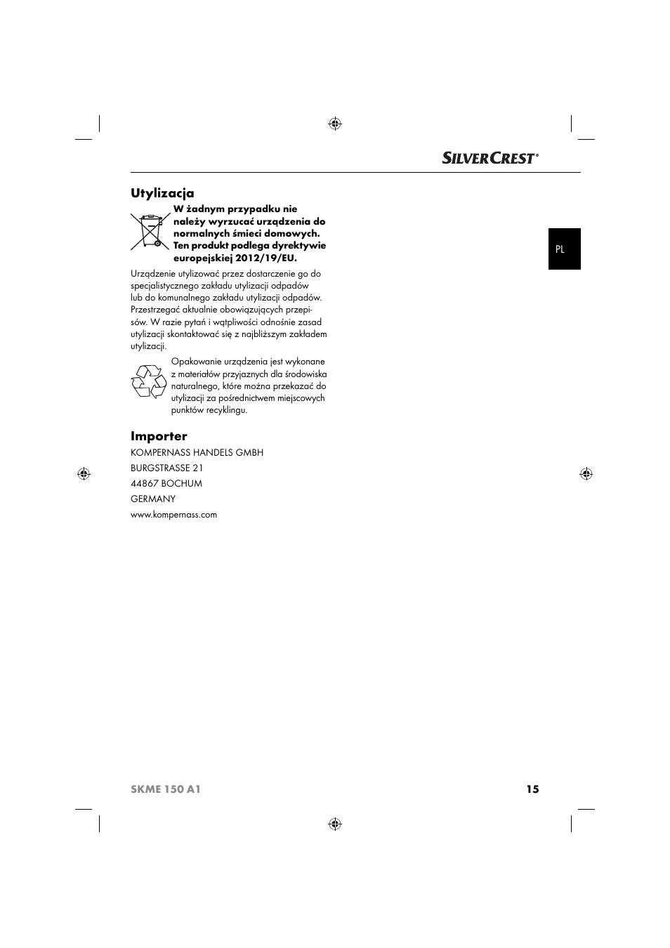 Utylizacja, Importer | Silvercrest SKME 150 A1 User Manual | Page 18 / 52