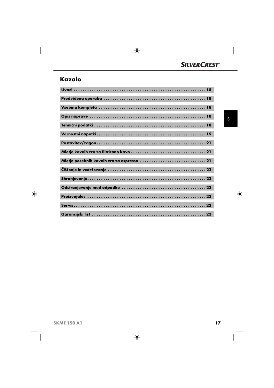 Kazalo | Silvercrest SKME 150 A1 User Manual | Page 20 / 52