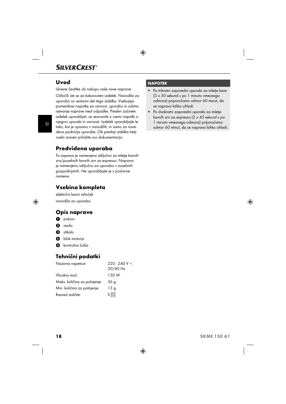 Uvod, Predvidena uporaba, Vsebina kompleta | Opis naprave, Tehnični podatki | Silvercrest SKME 150 A1 User Manual | Page 21 / 52