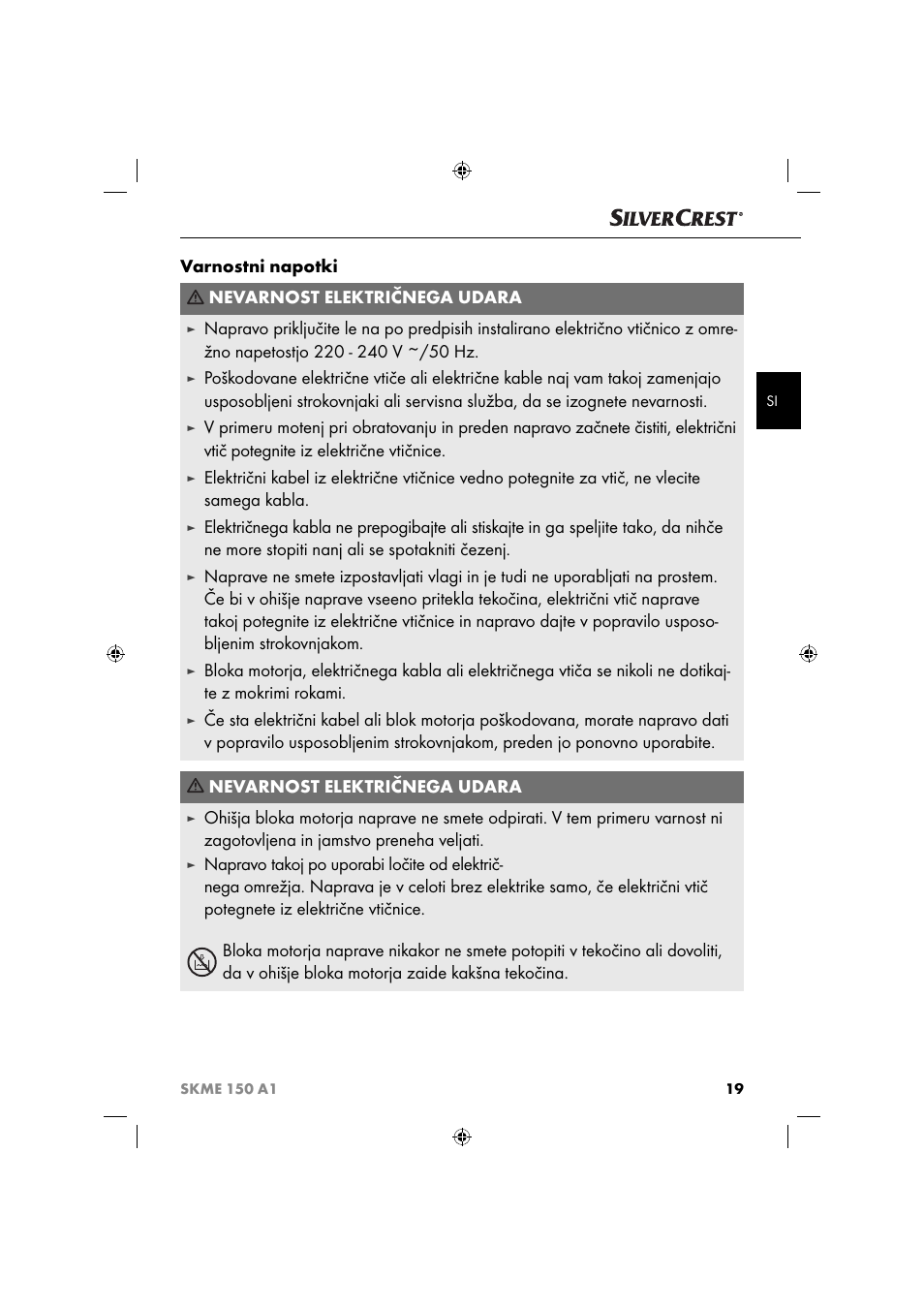 Varnostni napotki nevarnost električnega udara | Silvercrest SKME 150 A1 User Manual | Page 22 / 52