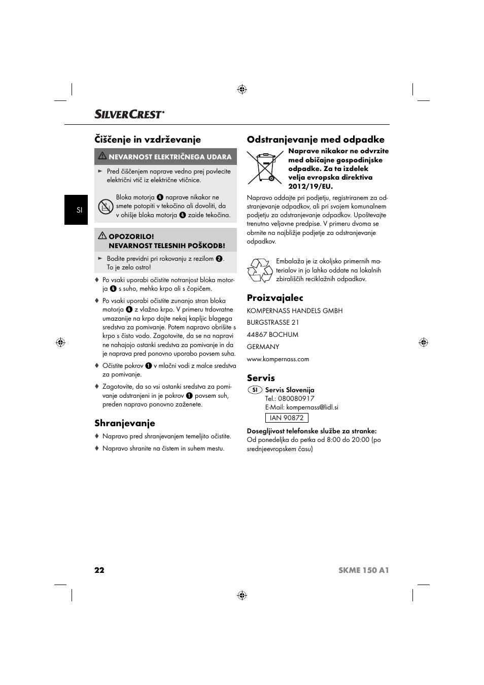 Čiščenje in vzdrževanje, Shranjevanje, Odstranjevanje med odpadke | Proizvajalec, Servis | Silvercrest SKME 150 A1 User Manual | Page 25 / 52