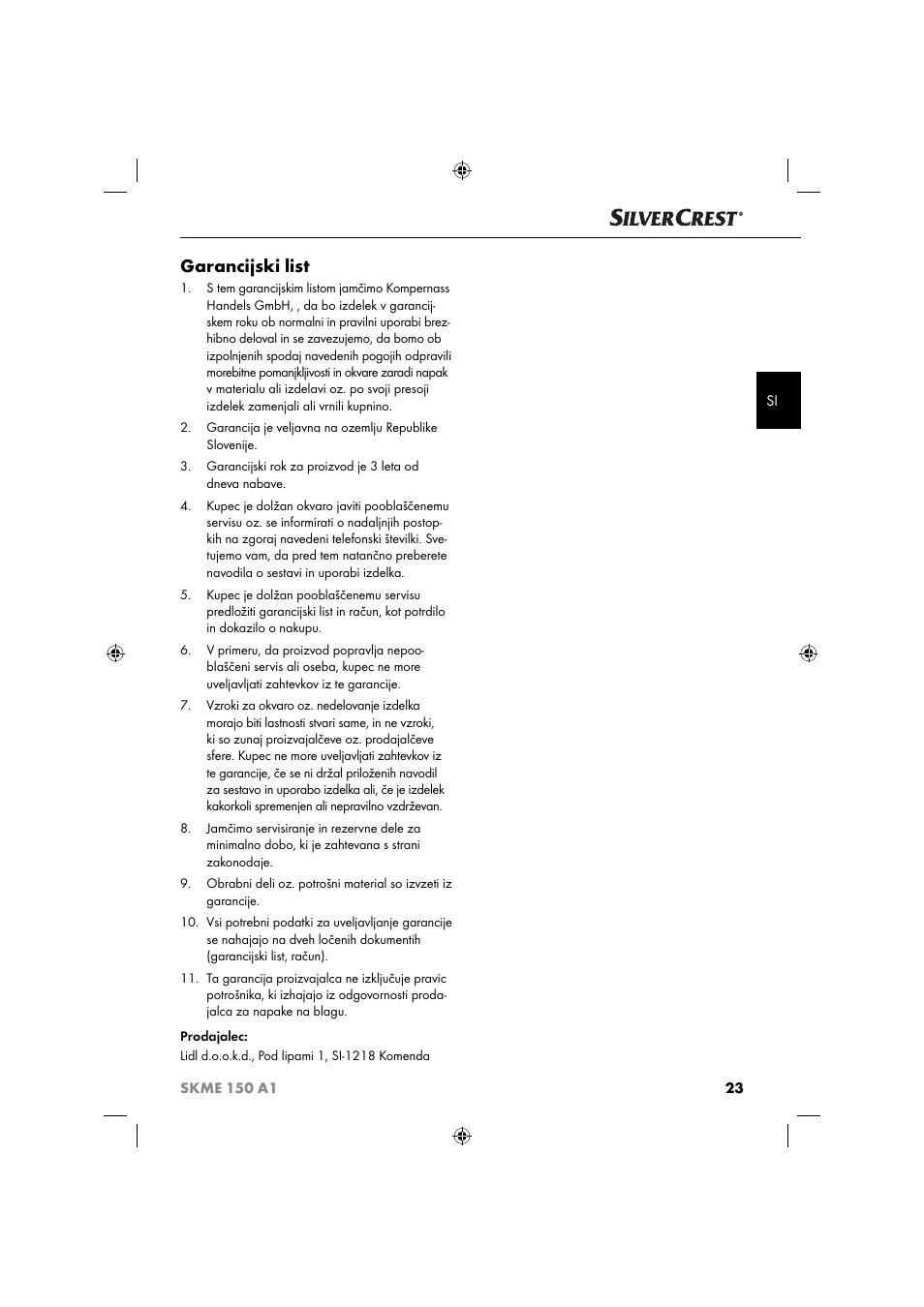 Garancijski list | Silvercrest SKME 150 A1 User Manual | Page 26 / 52