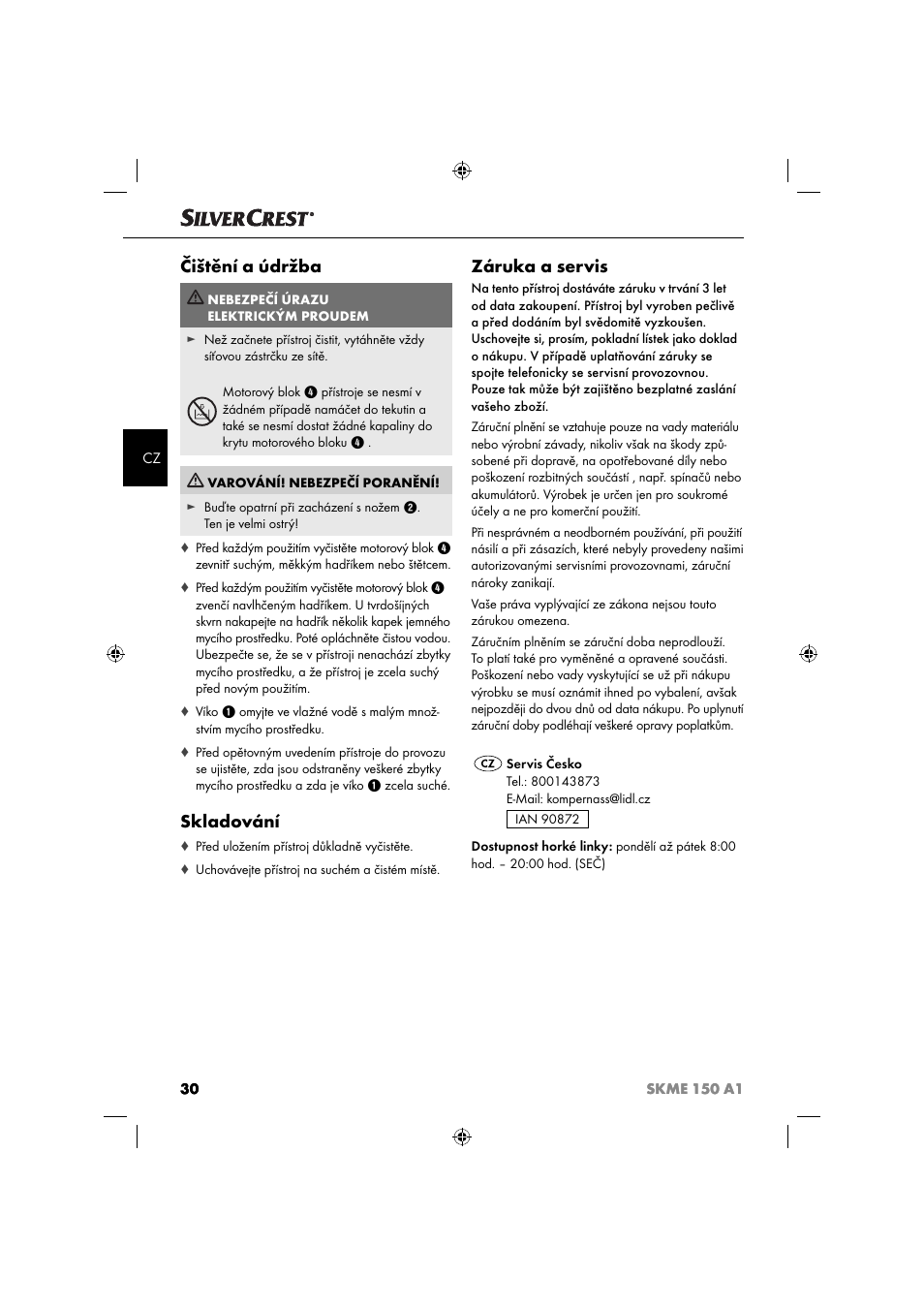 Čištění a údržba, Skladování, Záruka a servis | Silvercrest SKME 150 A1 User Manual | Page 33 / 52