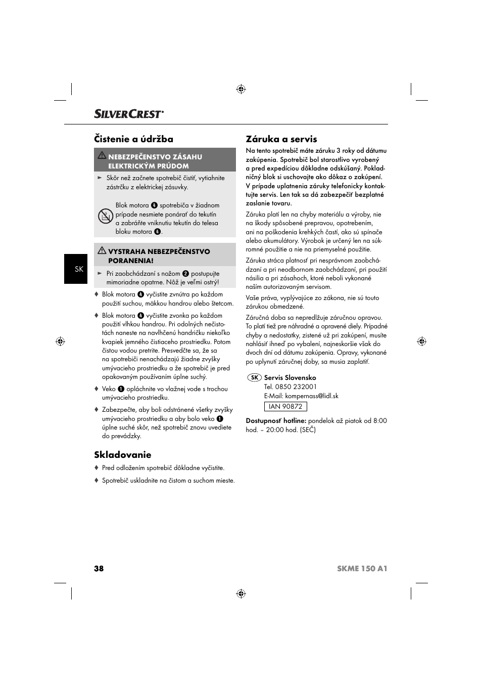 Čistenie a údržba, Skladovanie, Záruka a servis | Silvercrest SKME 150 A1 User Manual | Page 41 / 52