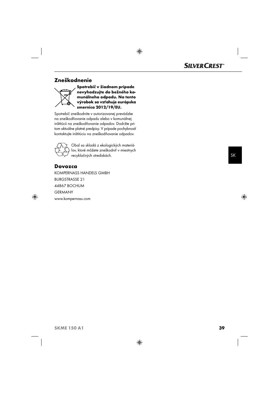 Zneškodnenie, Dovozca | Silvercrest SKME 150 A1 User Manual | Page 42 / 52