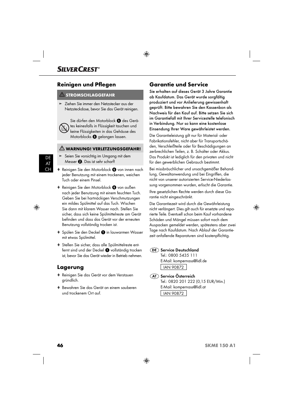 Reinigen und pﬂ egen, Lagerung, Garantie und service | Silvercrest SKME 150 A1 User Manual | Page 49 / 52