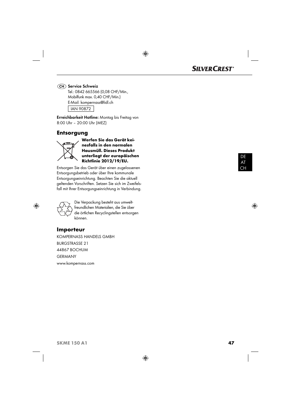 Entsorgung, Importeur | Silvercrest SKME 150 A1 User Manual | Page 50 / 52