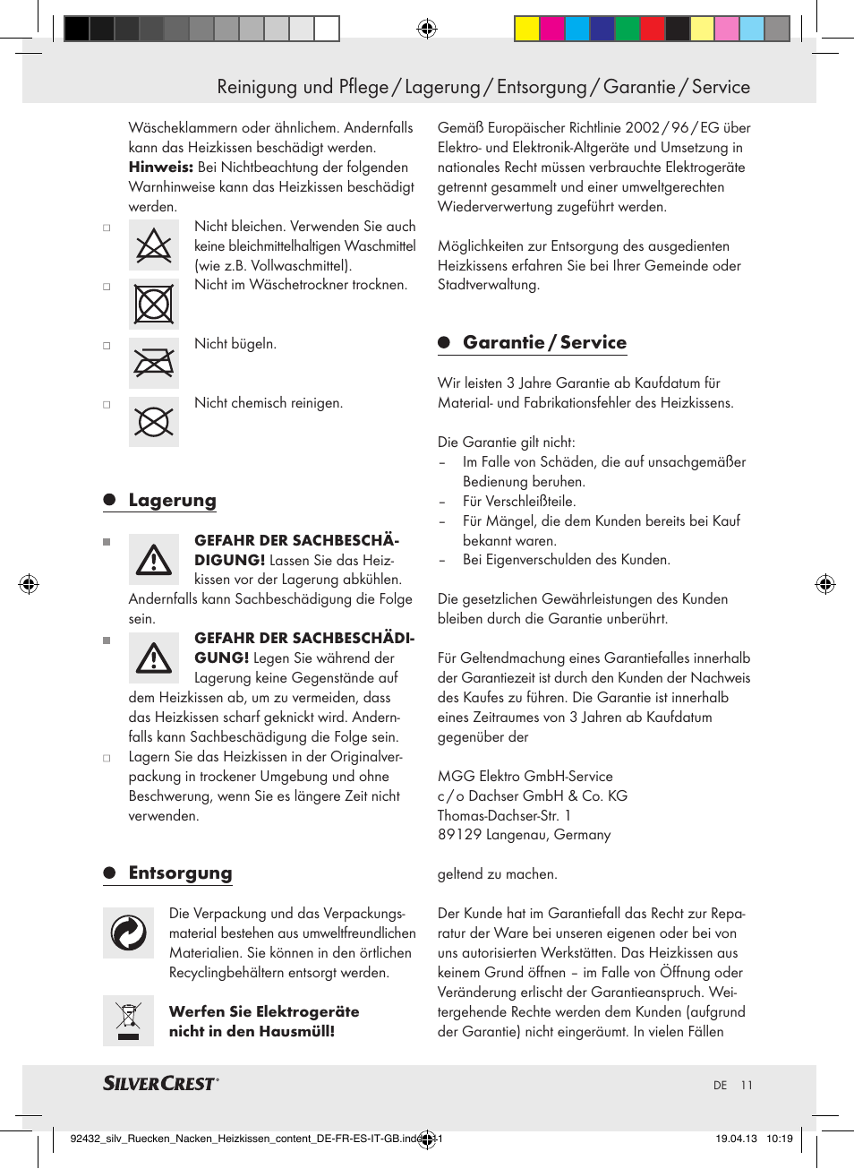 Lagerung, Entsorgung, Garantie / service | Silvercrest SRNH 100 B2 User Manual | Page 11 / 45