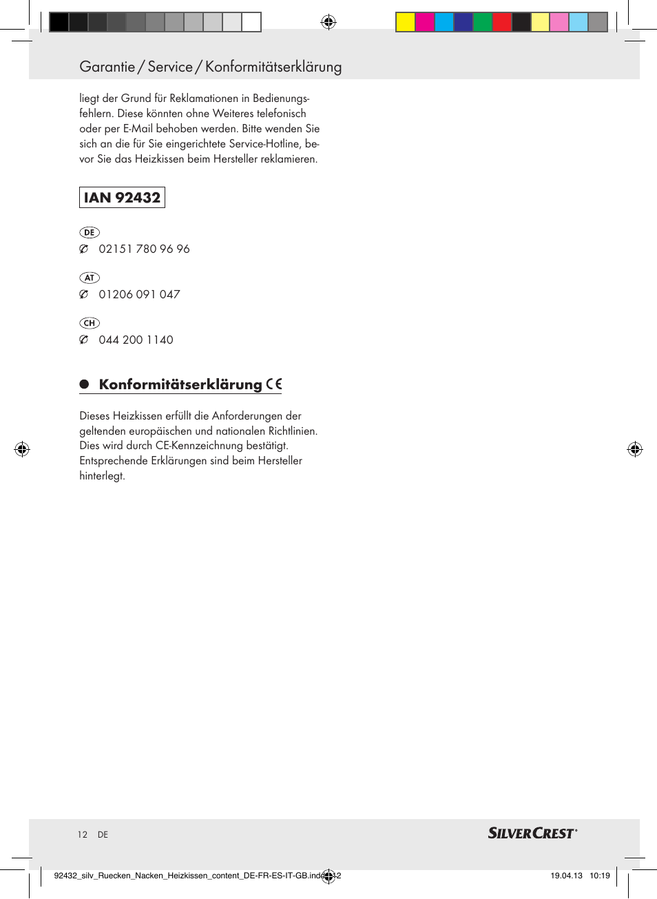 Garantie / service / konformitätserklärung, Konformitätserklärung | Silvercrest SRNH 100 B2 User Manual | Page 12 / 45