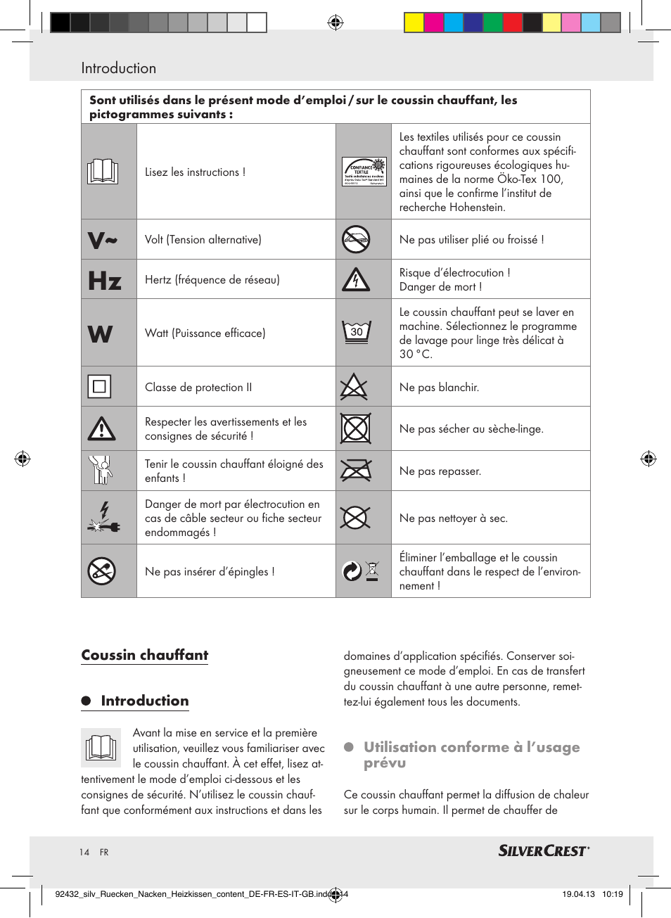 Introduction, Coussin chauffant introduction, Utilisation conforme à l’usage prévu | Silvercrest SRNH 100 B2 User Manual | Page 14 / 45