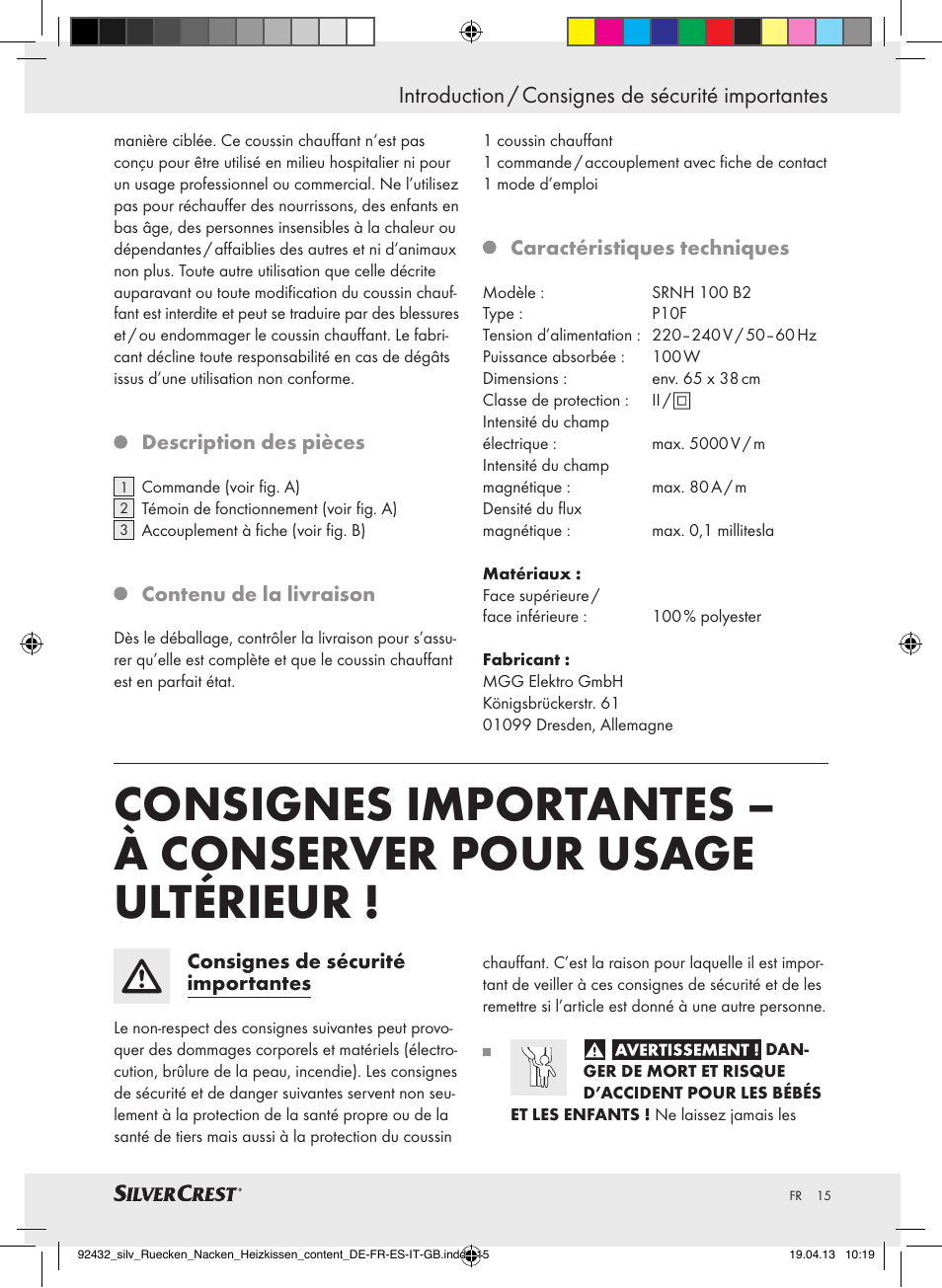 Introduction / consignes de sécurité importantes | Silvercrest SRNH 100 B2 User Manual | Page 15 / 45