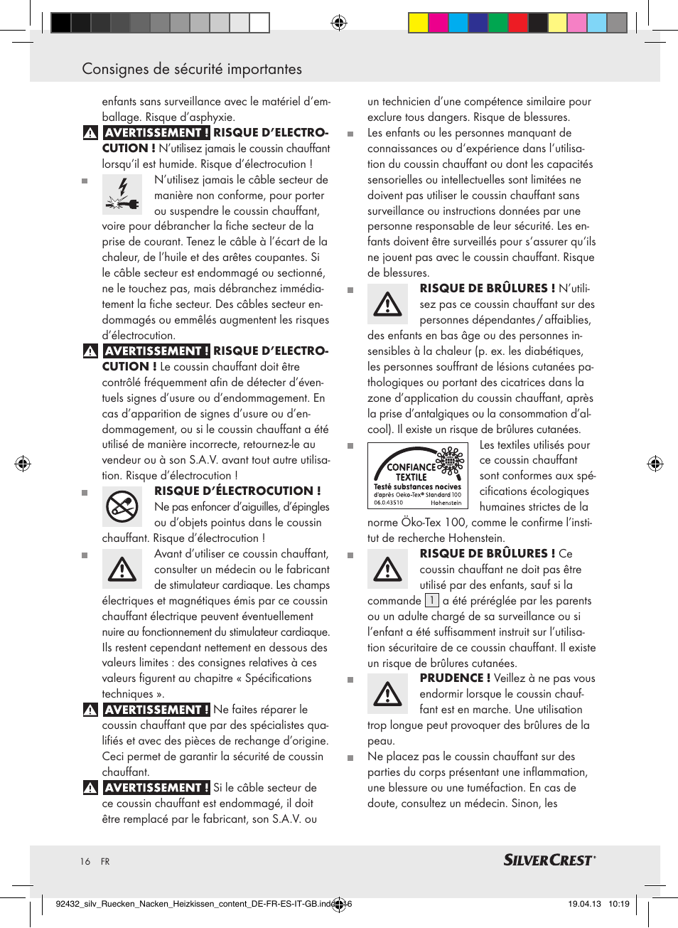 Consignes de sécurité importantes | Silvercrest SRNH 100 B2 User Manual | Page 16 / 45