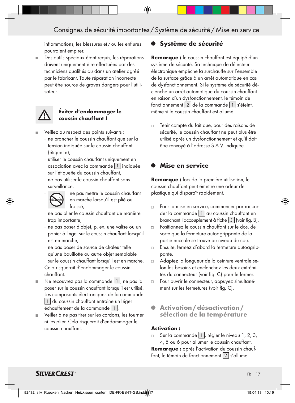 Système de sécurité, Mise en service | Silvercrest SRNH 100 B2 User Manual | Page 17 / 45