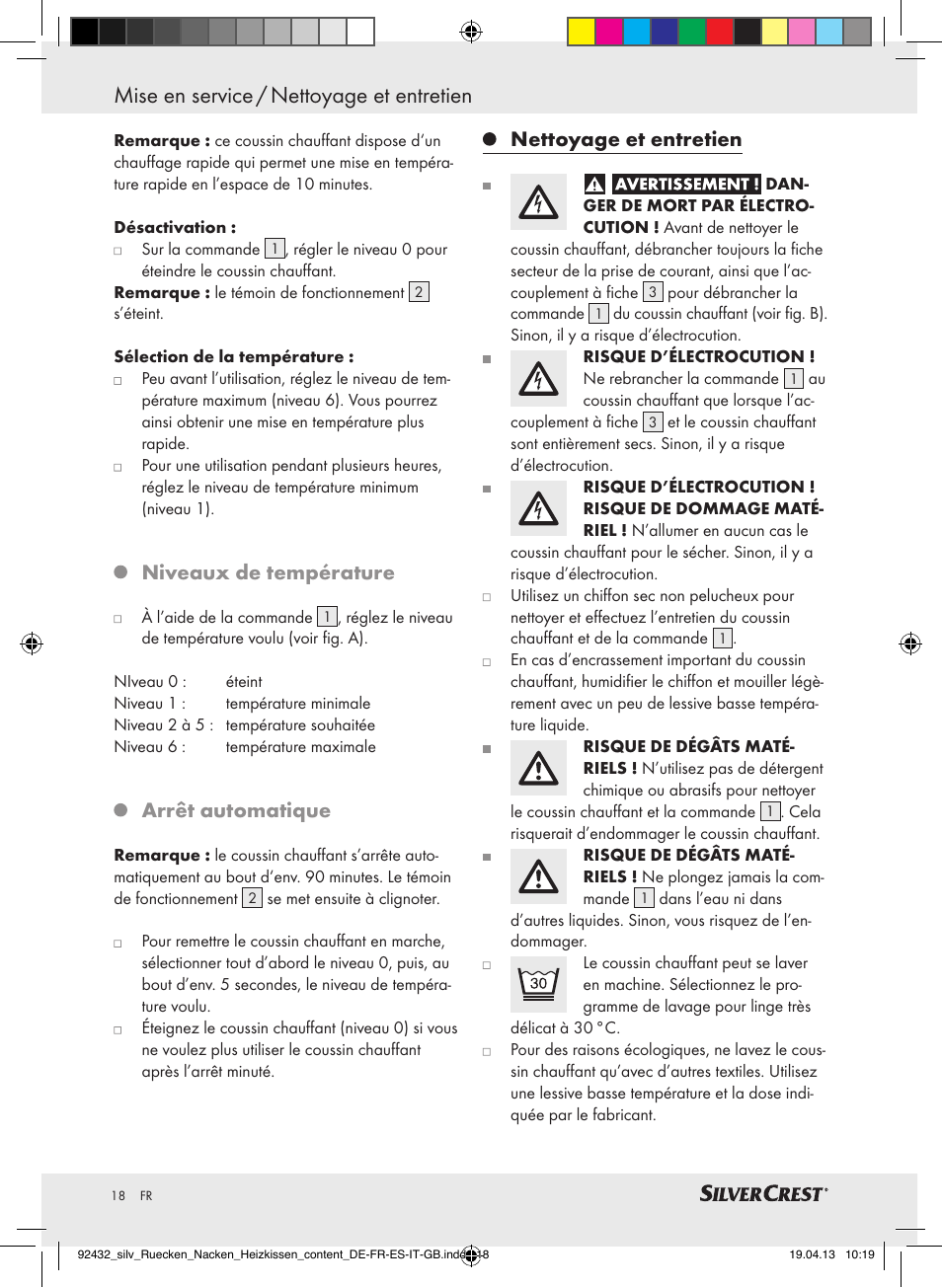 Mise en service / nettoyage et entretien, Niveaux de température, Arrêt automatique | Nettoyage et entretien | Silvercrest SRNH 100 B2 User Manual | Page 18 / 45